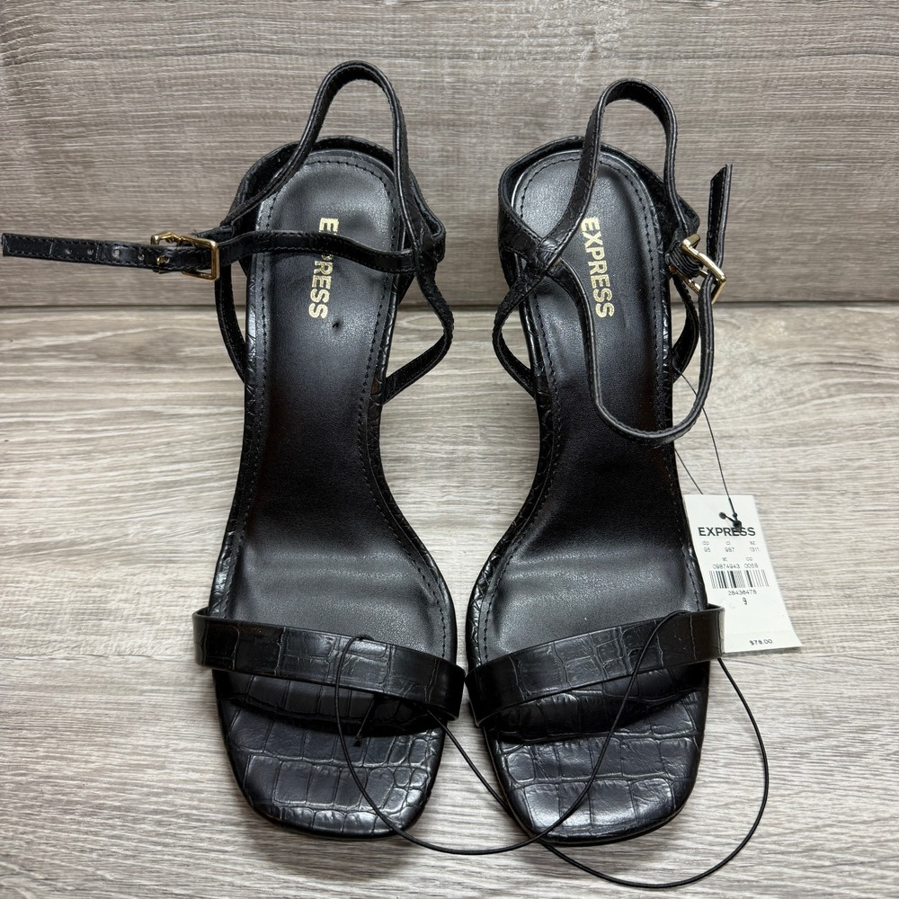 Express Heels Womens Size 9 Black Croc Embossed Strappy Stiletto Dress Sandals